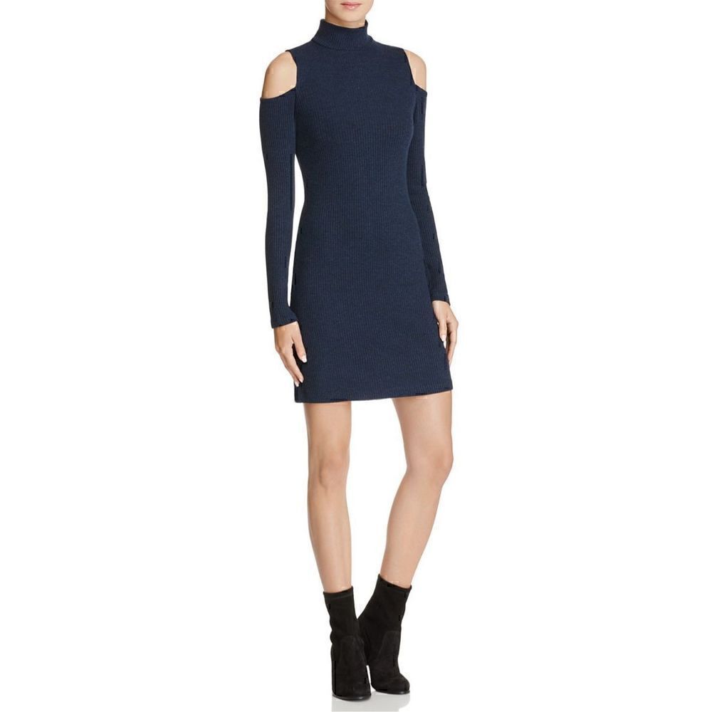 Splendid XS blue ribbed knit turtleneck long sleeve cold shoulder dress
